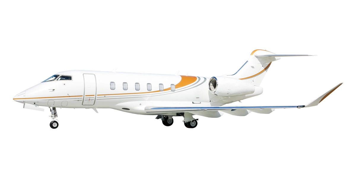 A Latitude 33 Aviation 2020 Bombardier Challenger 350 private jet side profile with a white background.