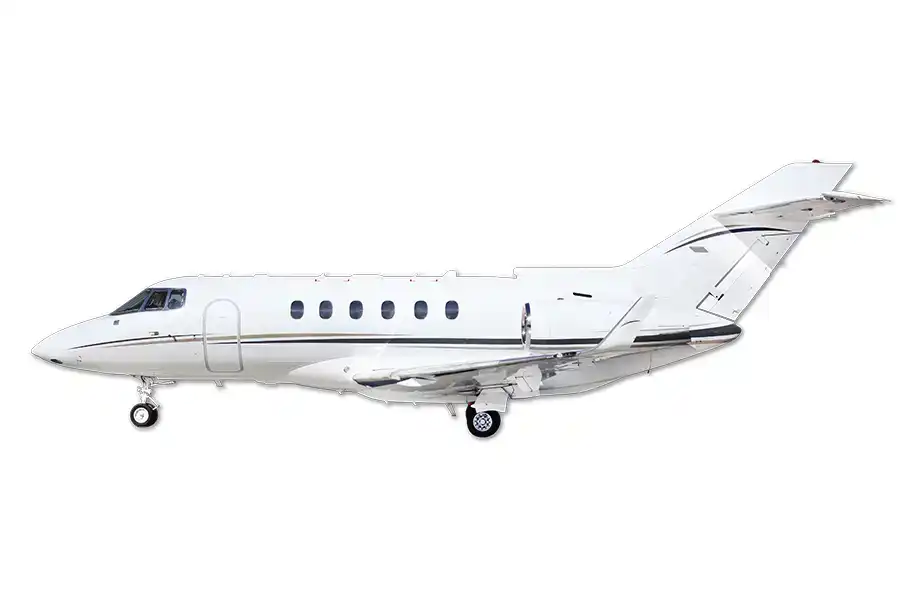 A Latitude 33 Aviation Cessna Hawker 900XP private jet side profile with a white background.