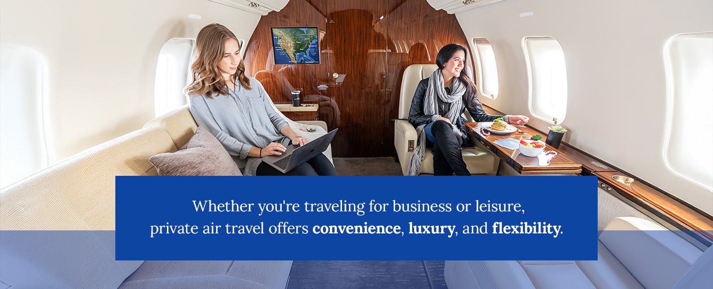 Two passengers in a private jet: one on a laptop, one dining; overlaid text promotes convenience, luxury, flexibility.