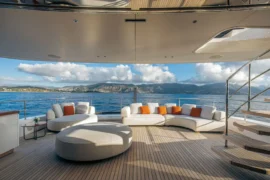 Private stern lounge aboard Cada Dia with curved sofas, teak decks, and scenic coastal views, creating a calm and elegant space to unwind on the water.