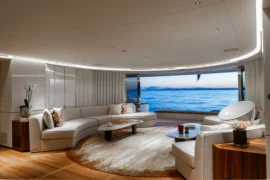 Evening view of Cada Dia’s main salon showcasing ambient lighting, sculpted seating, and an inviting indoor-outdoor layout with oceanfront ambiance.